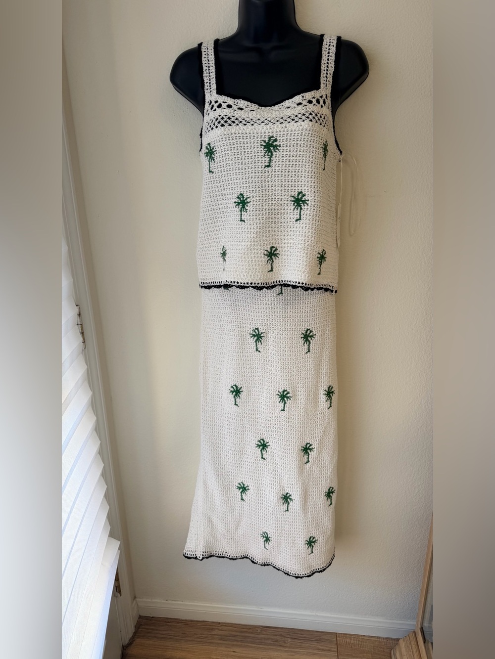White Crochet Maxi Skirt with Green Palm Motif